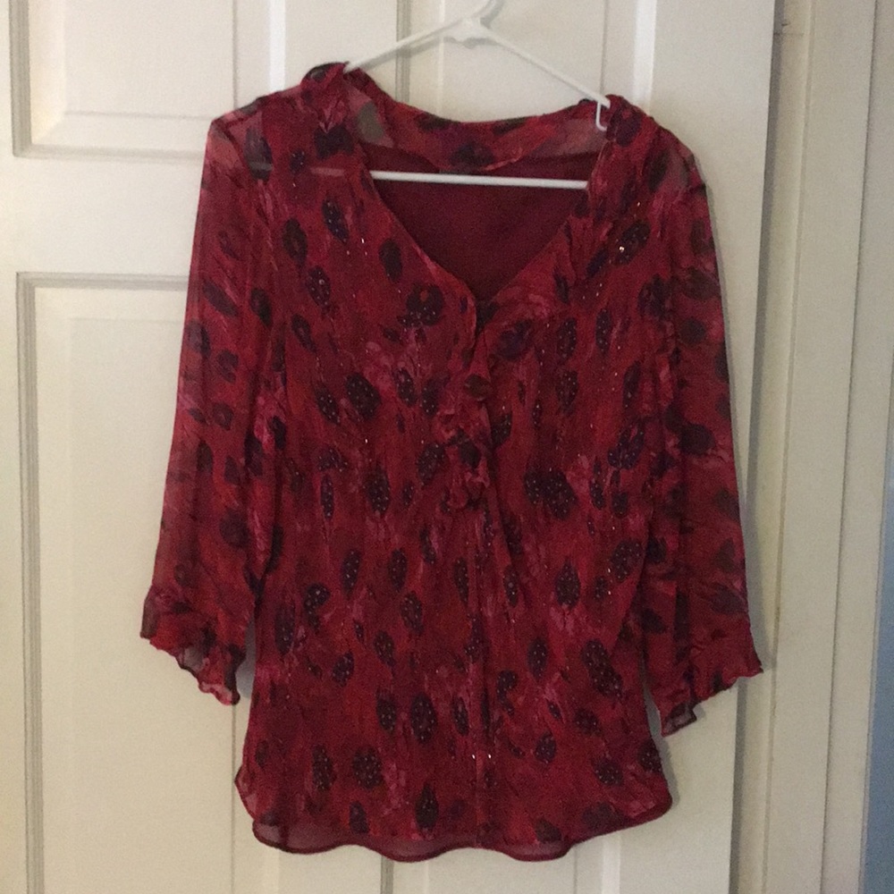 ECI Red Sheer Sparkle Button Front Blouse